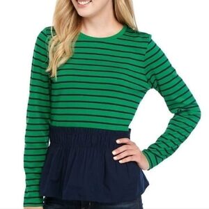 Crown & Ivy Green & Navy Striped Long Sleeve Peplum Top Size Small